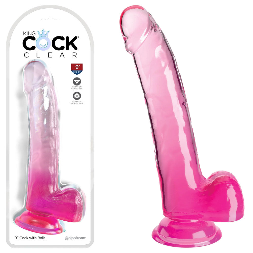 King Cock Clear 9 Inch Dildo With Balls - Pink
