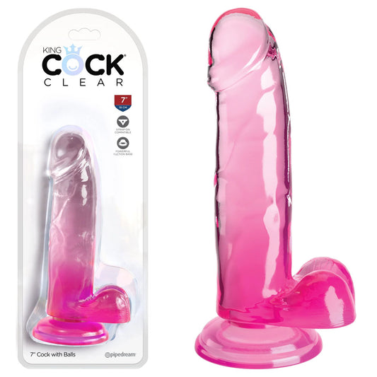 King Cock Clear  7 Inch Dildo With Balls - Pink