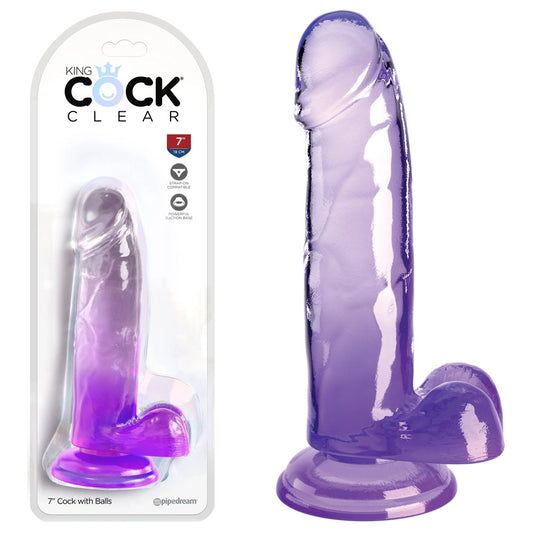 King Cock Clear  7 Inch Dildo With Balls - Purple