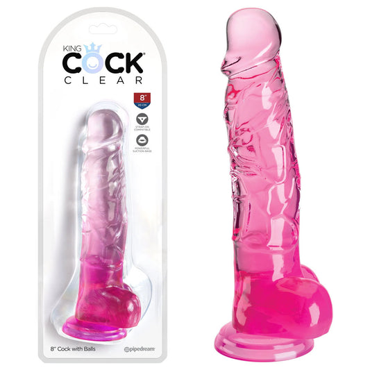 King Cock Clear 8Inch Dildo With Balls - Pink