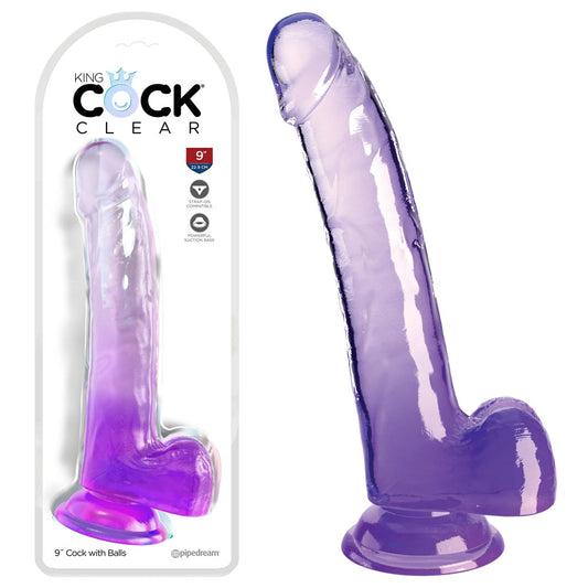 King Cock Clear 9 Inch Dildo With Balls - Purple