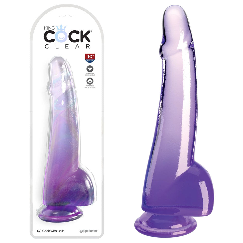King Cock Clear 10 Inch Dildo With Balls - Purple
