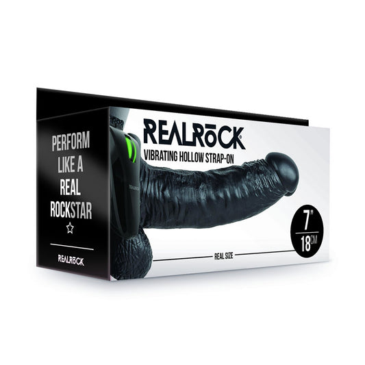 Realrock Realistic Vibrating Hollow Strap On With Balls 18cm - Black